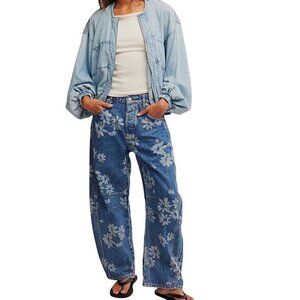 We The Free Good Luck Floral Printed Mid Rise Barrel Jeans Color Laser Daisy